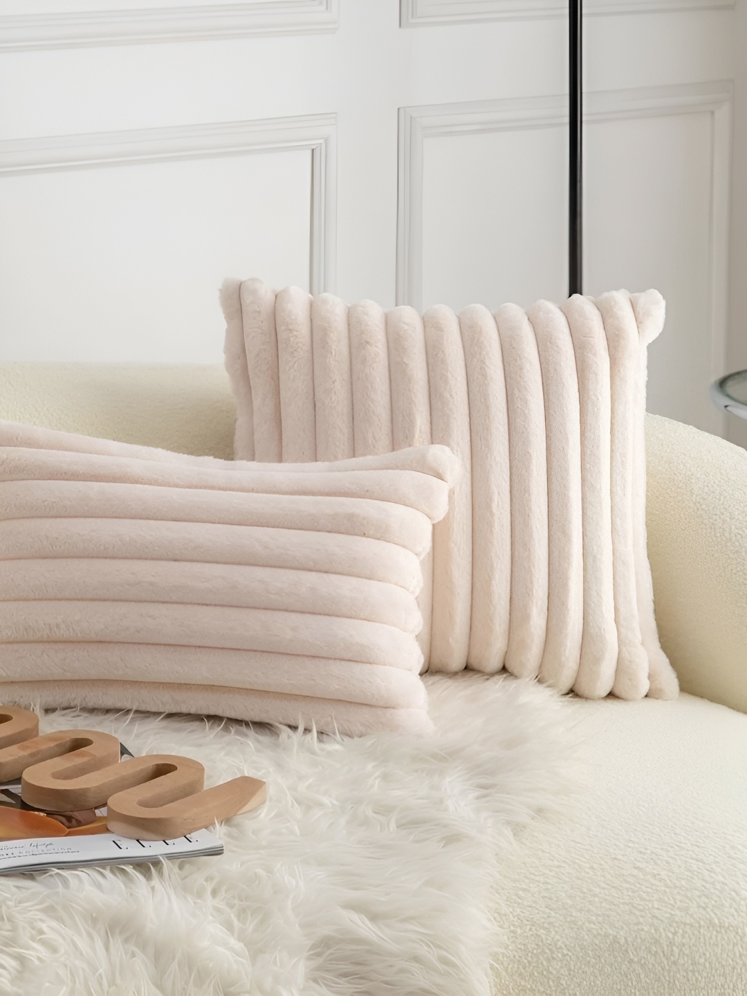 

TANLOOMS Cream-Coloured 2 Pieces Striped Velvet Rectangle Cushion Covers