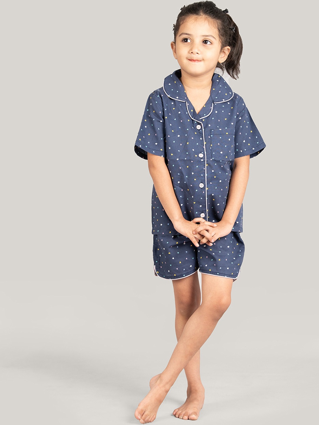 

Zalio Girls Conversational Printed Lapel Collar Pure Cotton Night suit, Navy blue