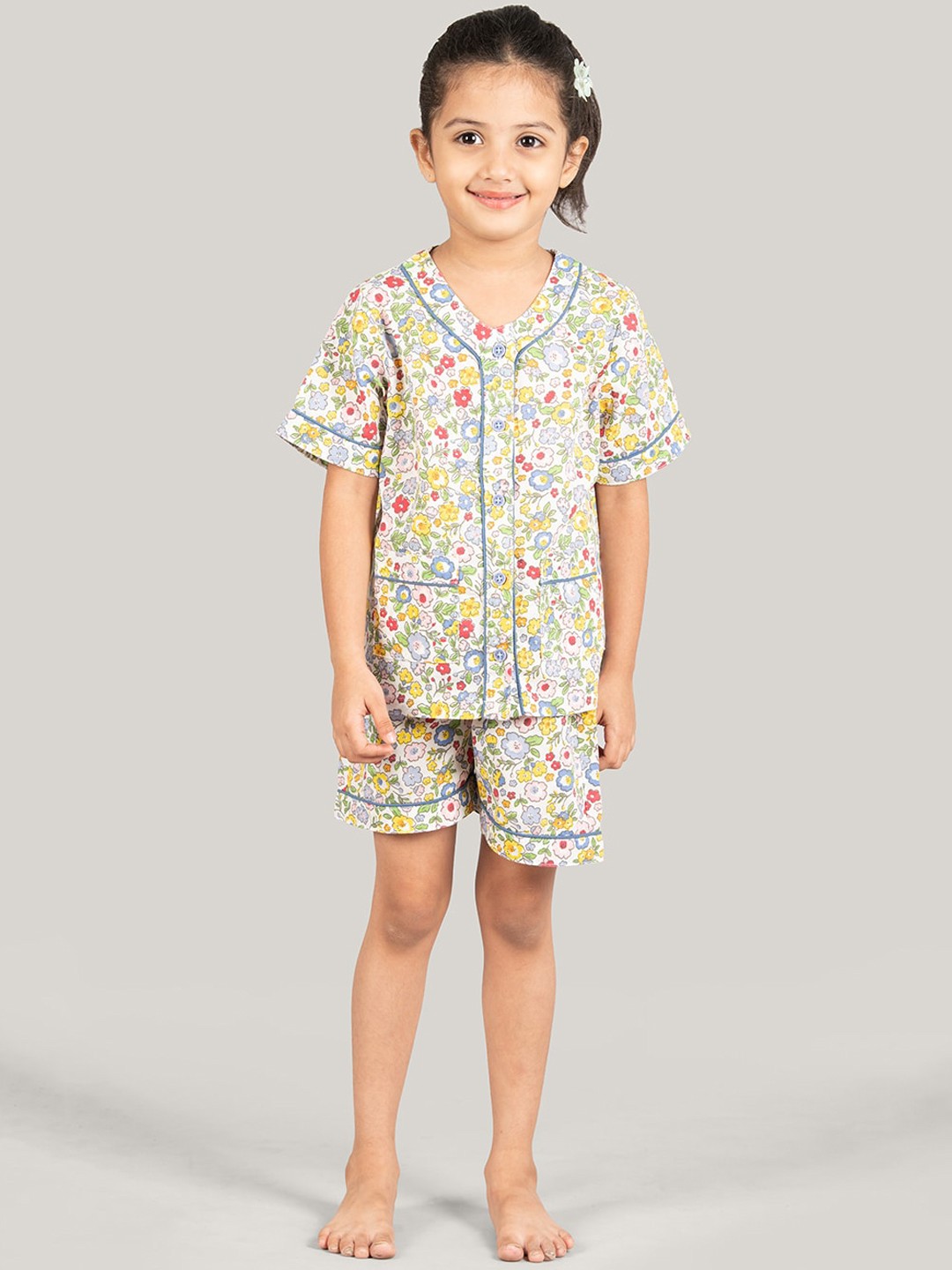 

Zalio Girls Floral Printed V-Neck Pure Cotton Night suit, White