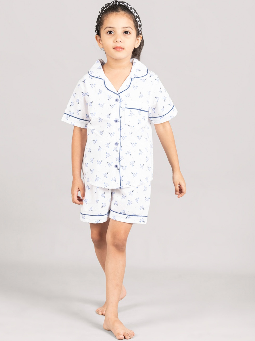 

Zalio Girls Floral Printed Lapel Collar Pure Cotton Night suit, White