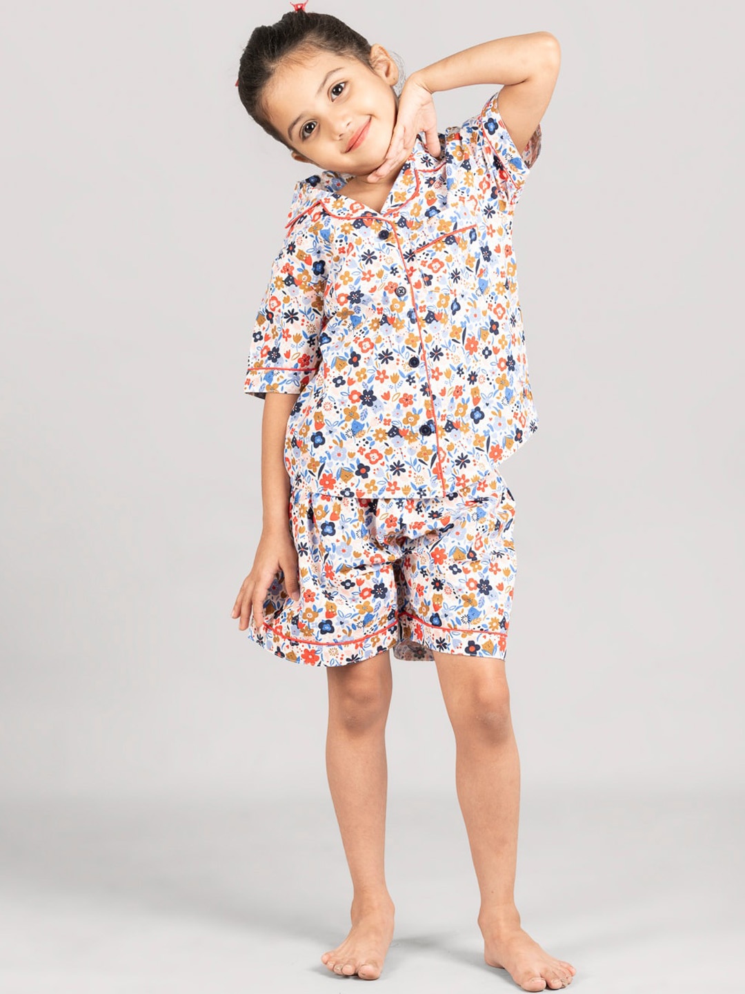 

Zalio Girls Floral Printed Lapel Collar Pure Cotton Night suit, White