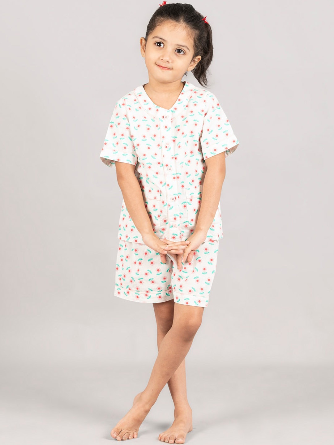 

Zalio Girls Printed V-Neck Pure Cotton Night suit, White