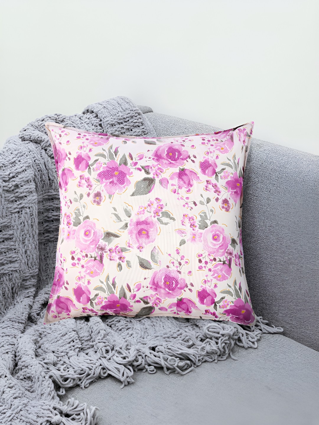 

Fashionhub White & Purple Floral Square Textured Cotton Cushion Covers