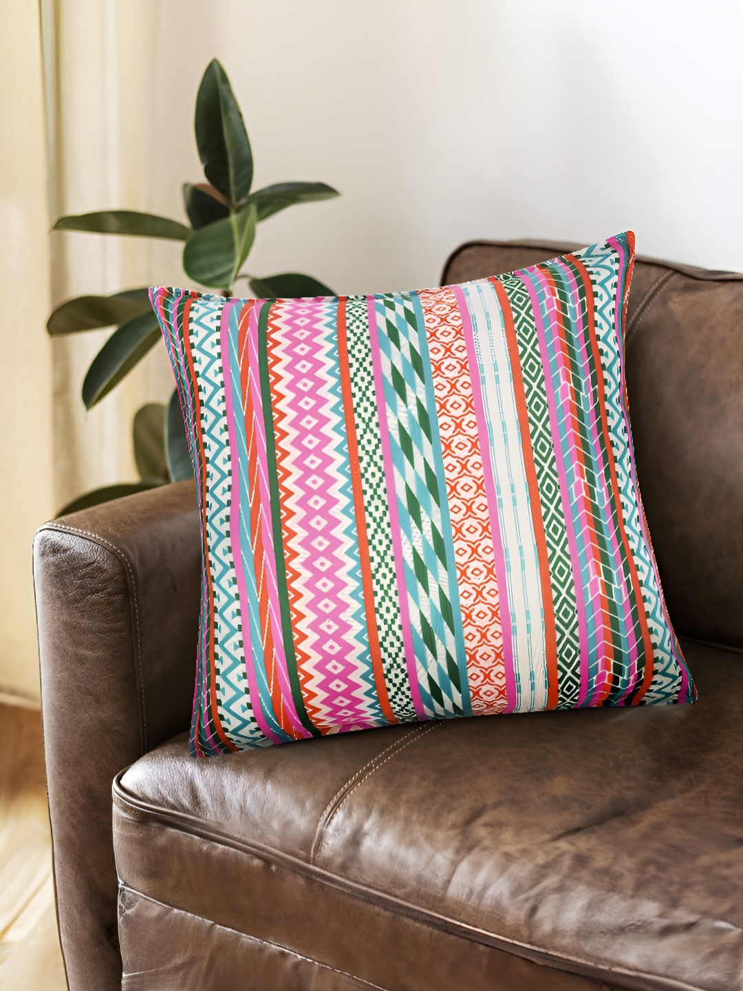 

Fashionhub Pink & Green Geometric Square Textured Cotton Cushion Covers