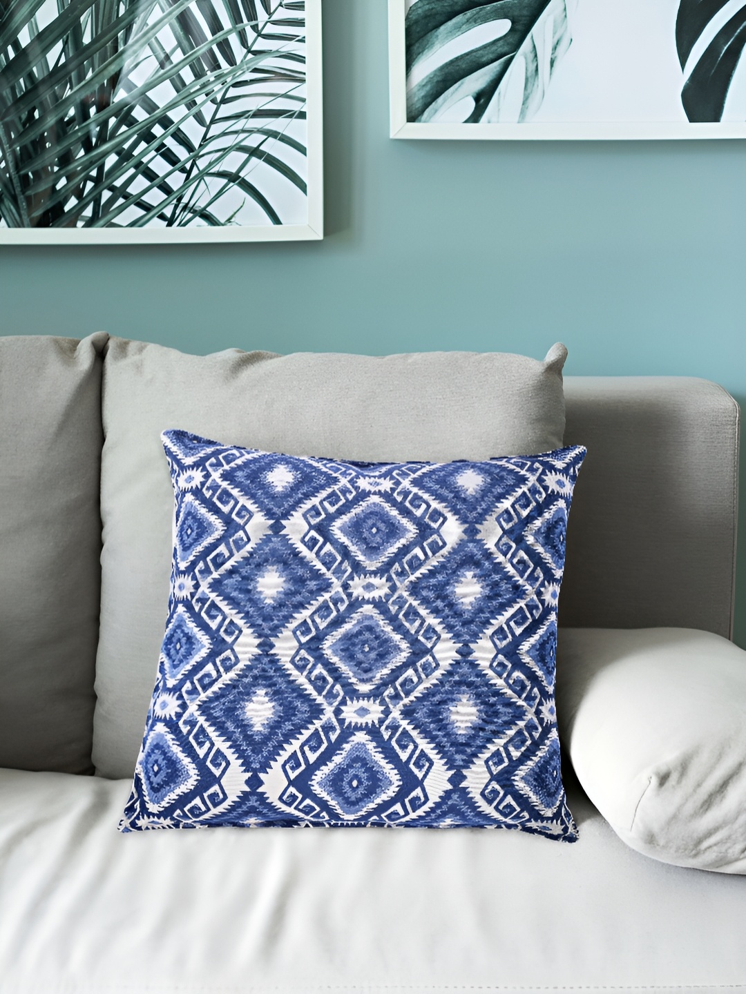 

Fashionhub White & Blue Geometric Square Textured Cotton Cushion Covers
