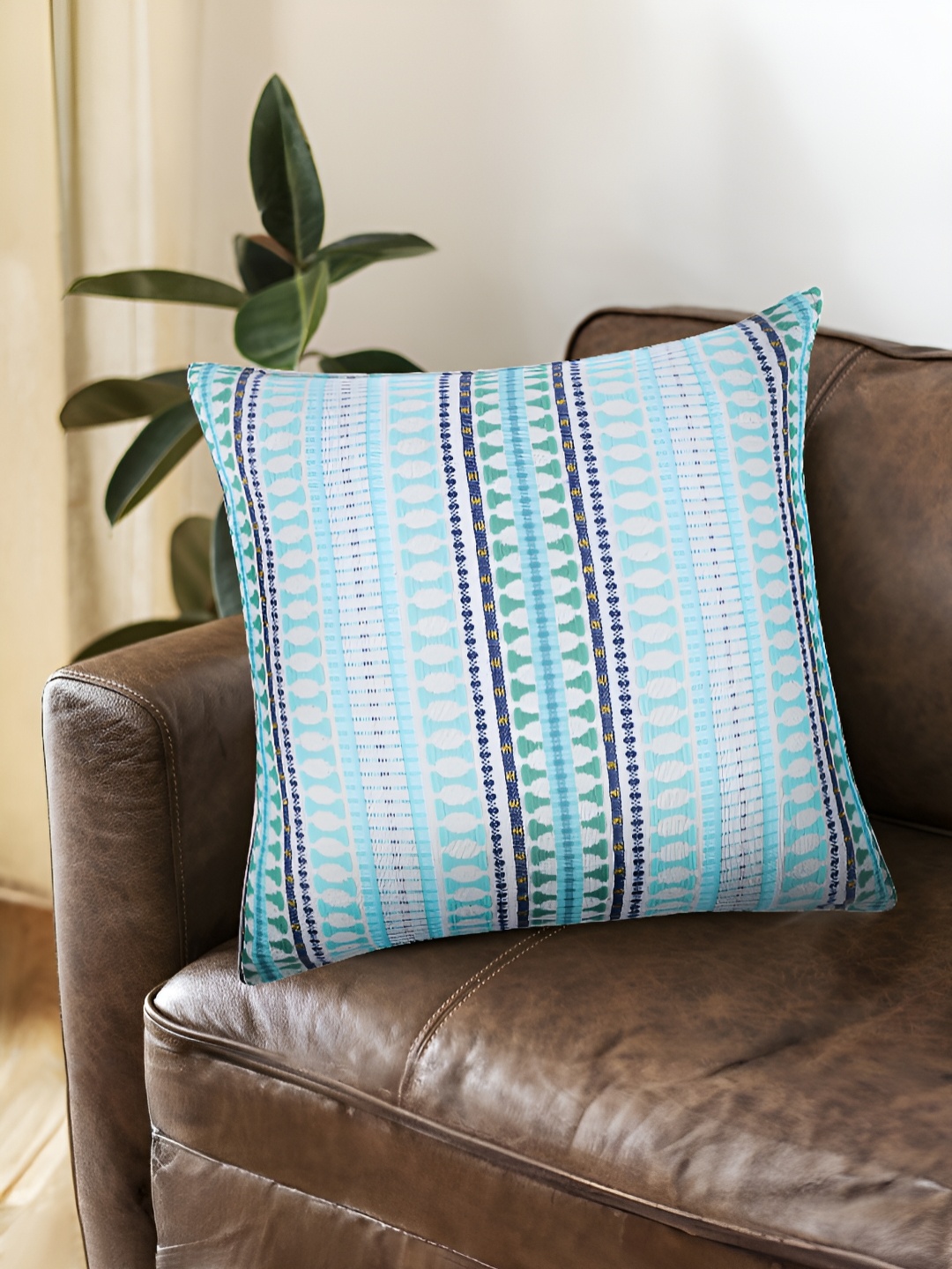 Fashionhub Blue & Pink Geometric Square Textured Cotton Cushion Covers