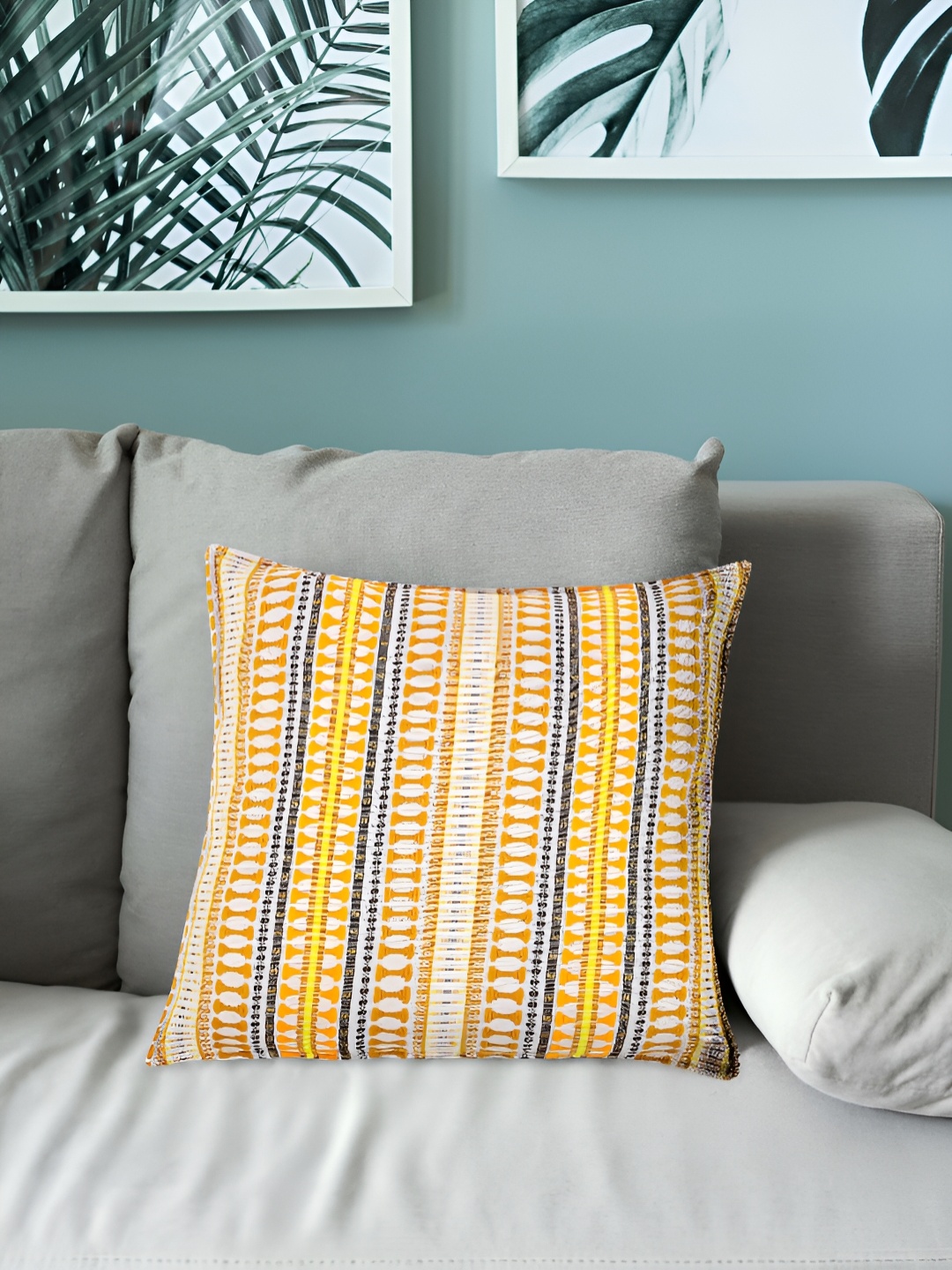 

Fashionhub White & Mustard Geometric Square Textured Cotton Cushion Covers