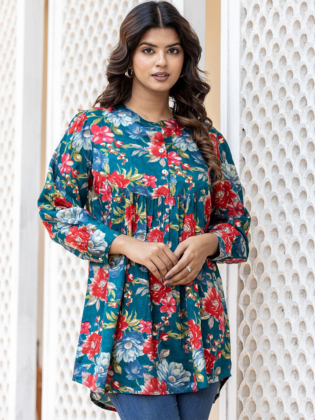 

KAAJH Floral Printed Cotton Silk A-Line Top, Blue