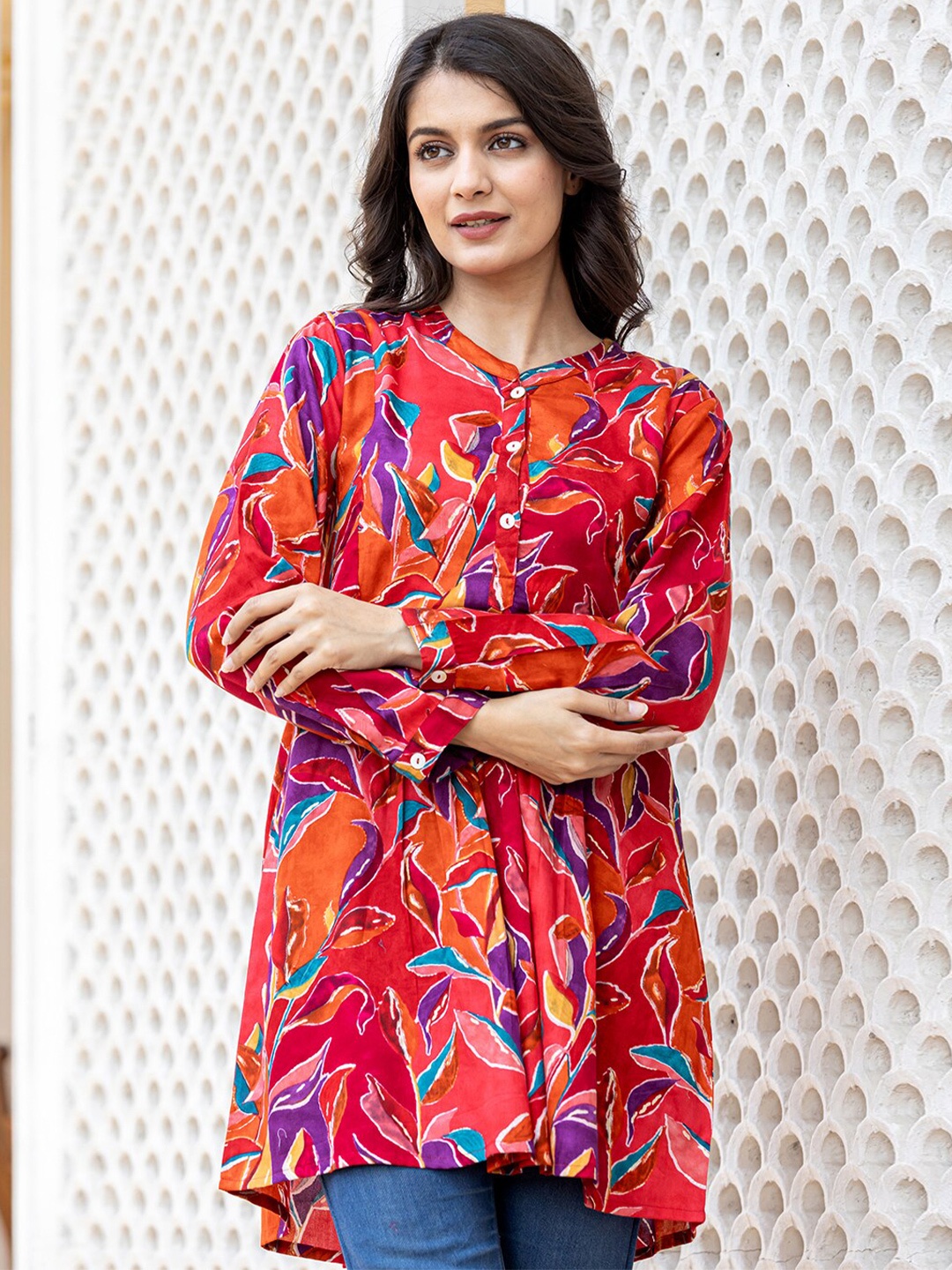 

KAAJH Floral Printed Cotton Silk A-Line Top, Multi