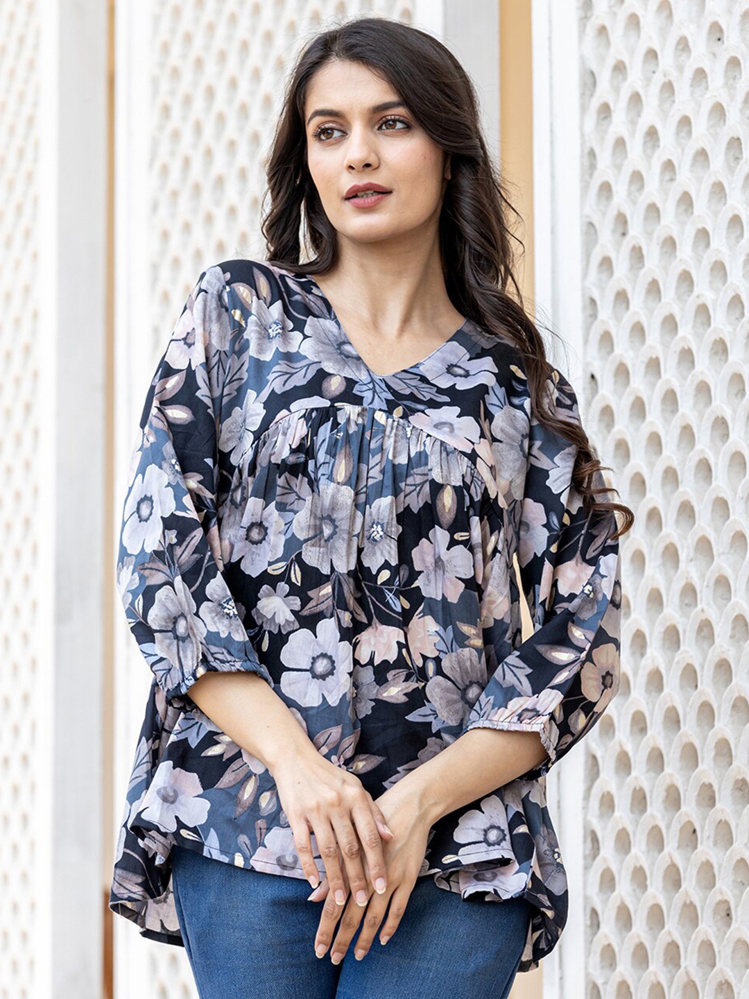 

KAAJH Floral Printed Cotton Silk A-Line Top, Navy blue