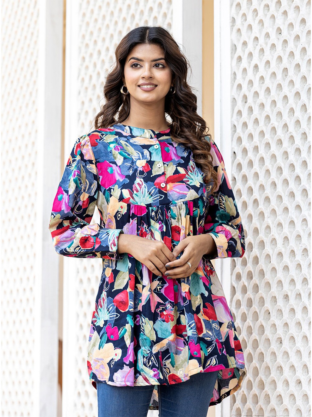 

KAAJH Floral Printed Cotton Silk A-Line Top, Navy blue