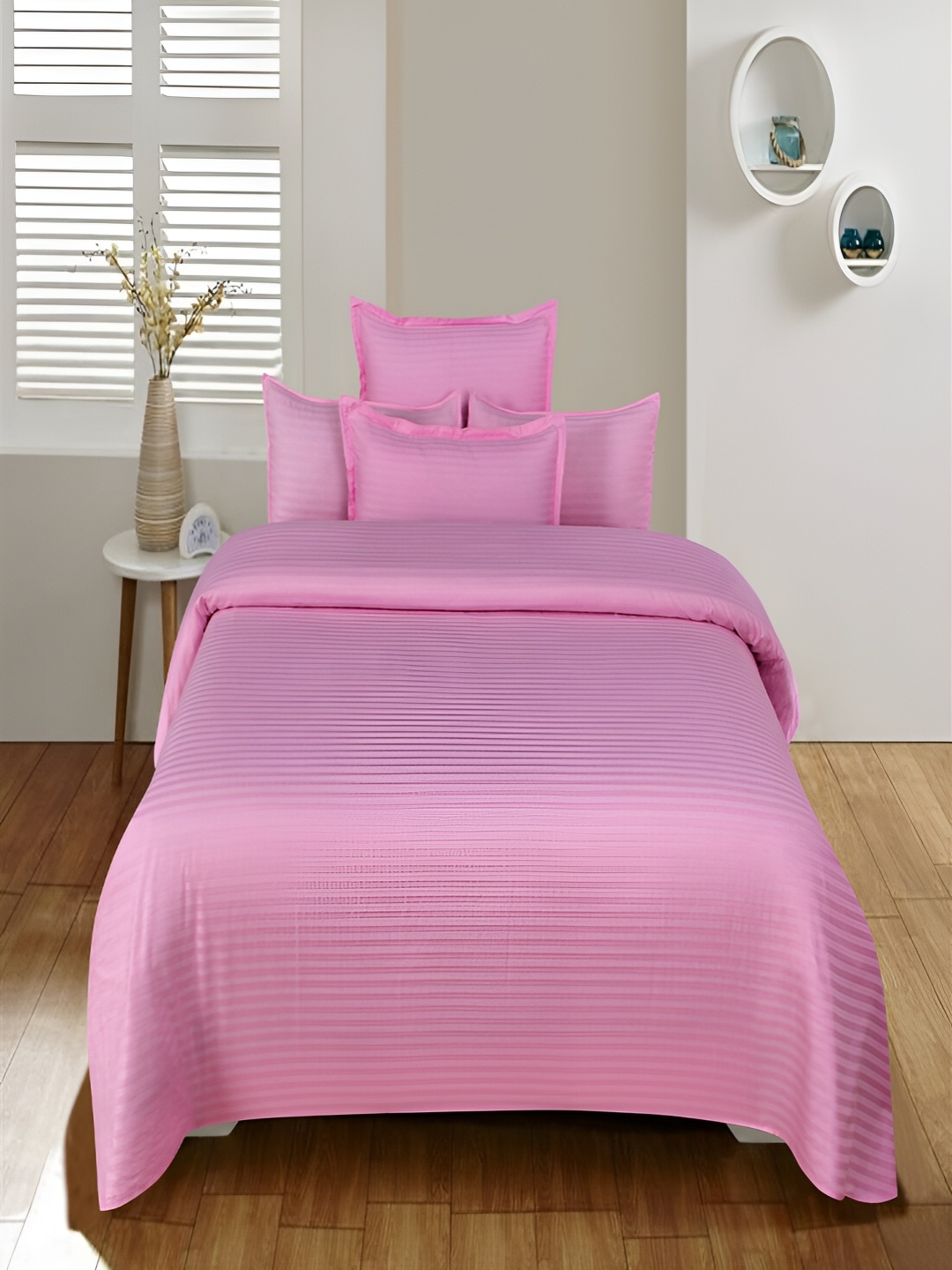 

cotton trendy Pink Striped 210 TC Cotton Flat King Bedsheet With 2 Pillow Covers