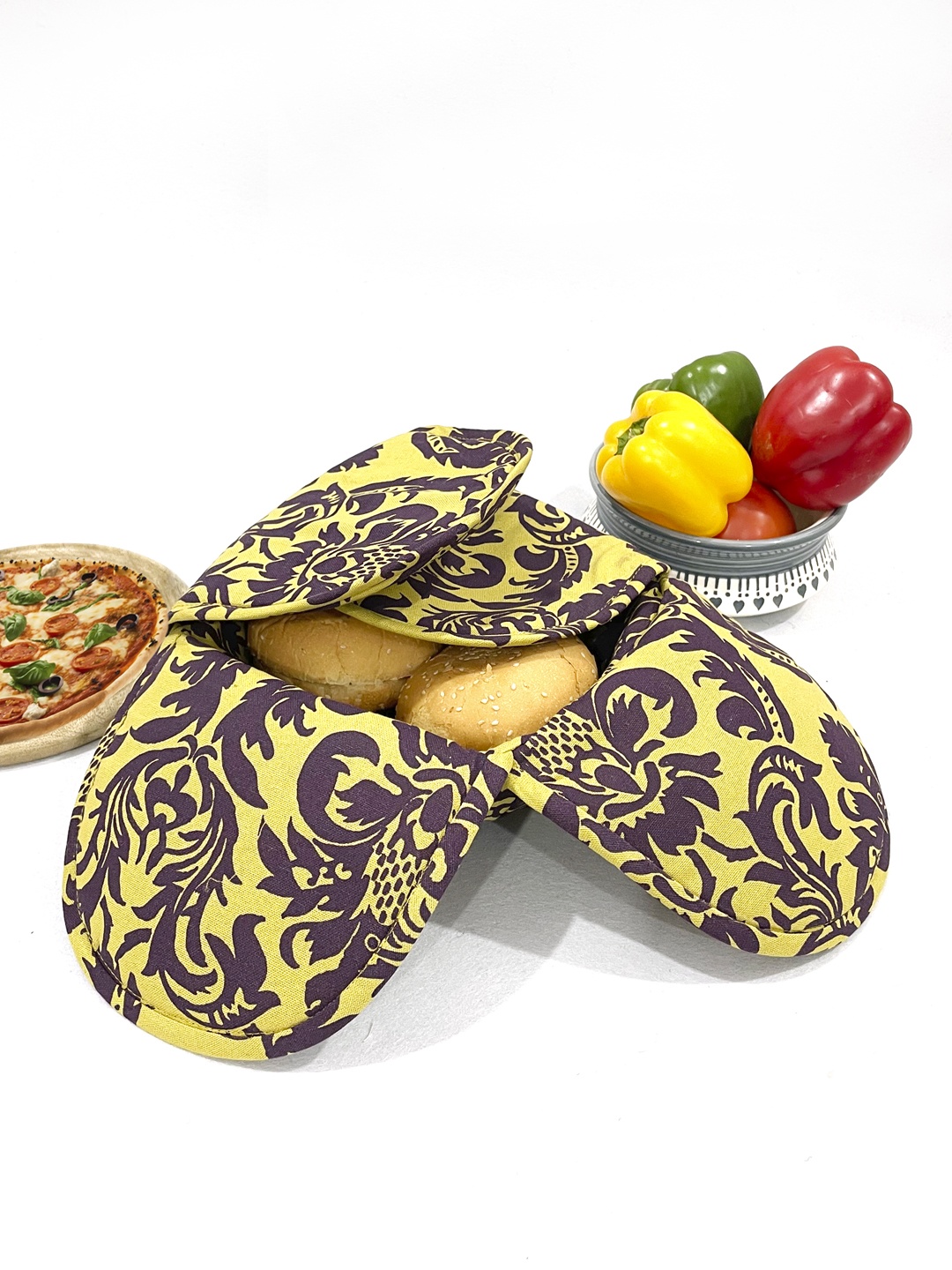 

SWAYAM Olive Green & Purple Wooden Bread Basket with Cover