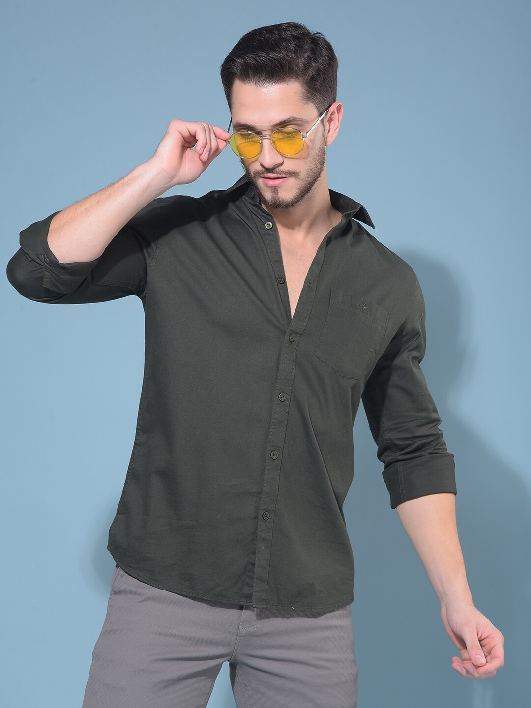 

Crimsoune Club Classic Spread Collar Slim Fit Cotton Casual Shirt, Green