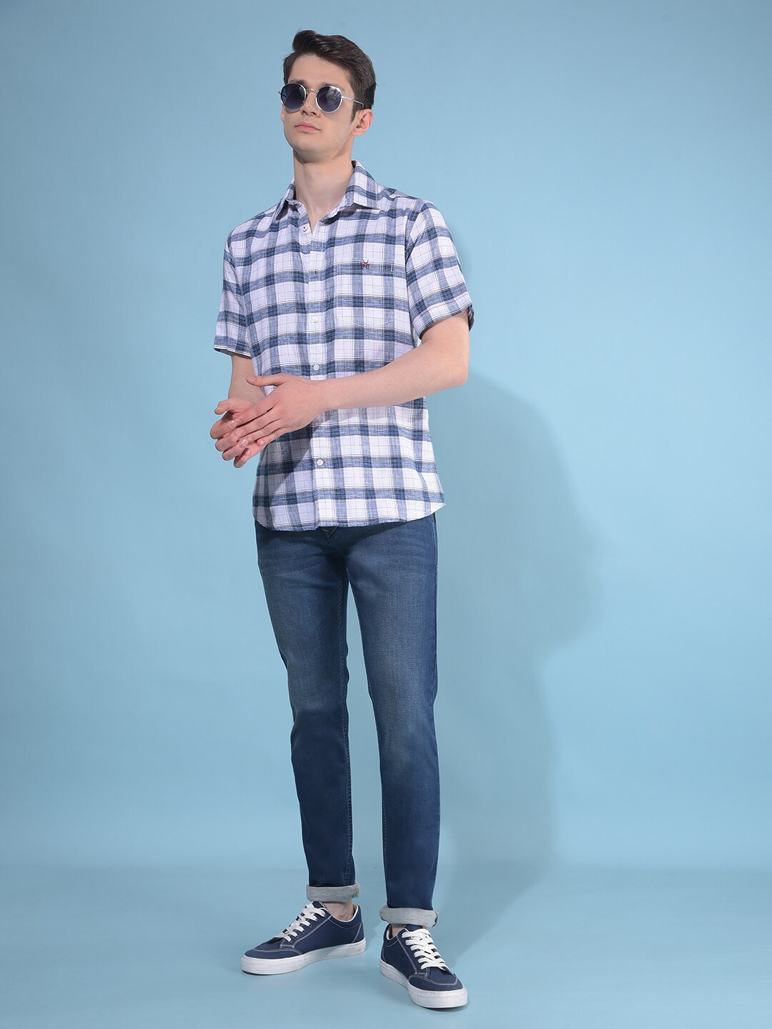 

Crimsoune Club Checked Resort Collar Casual Shirt, Blue