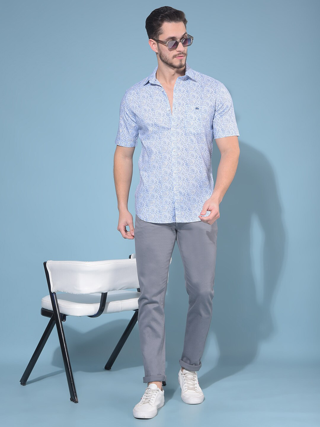 

Crimsoune Club Resort Collar Slim Fit Opaque Ethnic Motifs Cotton Casual Shirt, Blue