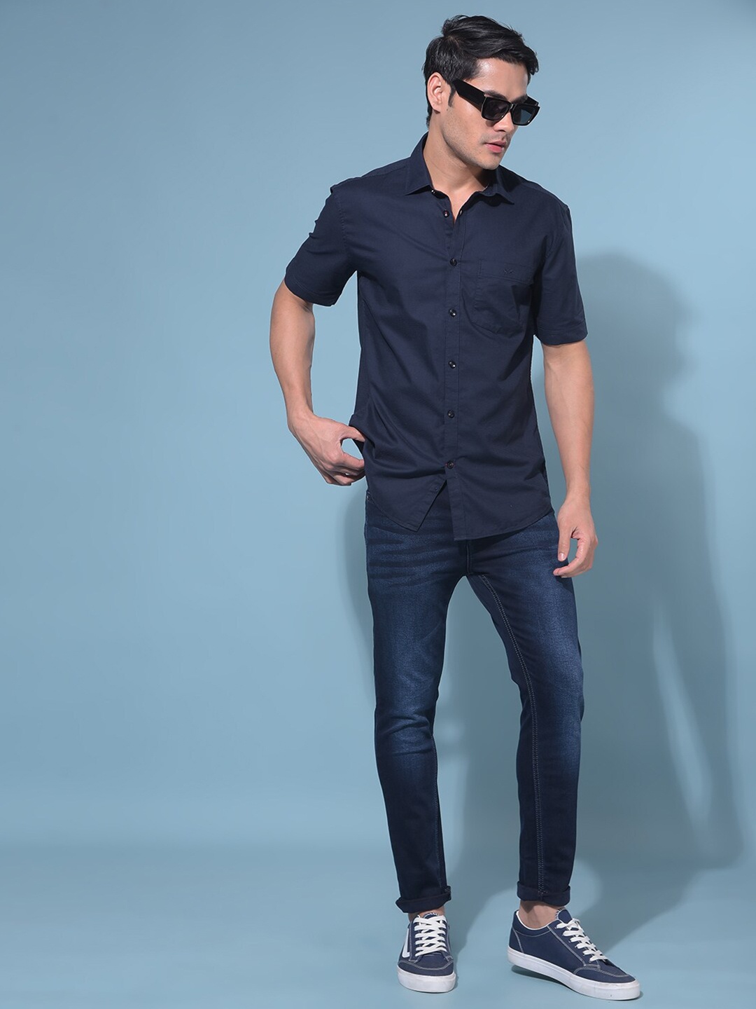 

Crimsoune Club Spread Collar Classic Slim Fit Cotton Opaque Casual Shirt, Navy blue