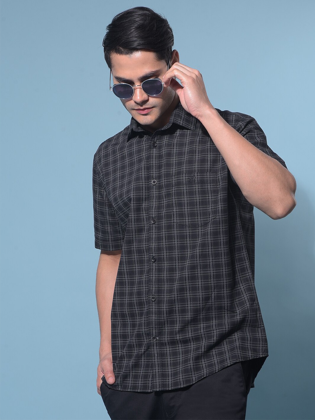 

Crimsoune Club Classic Windowpane Checks Slim Fit Cotton Casual Shirt, Black