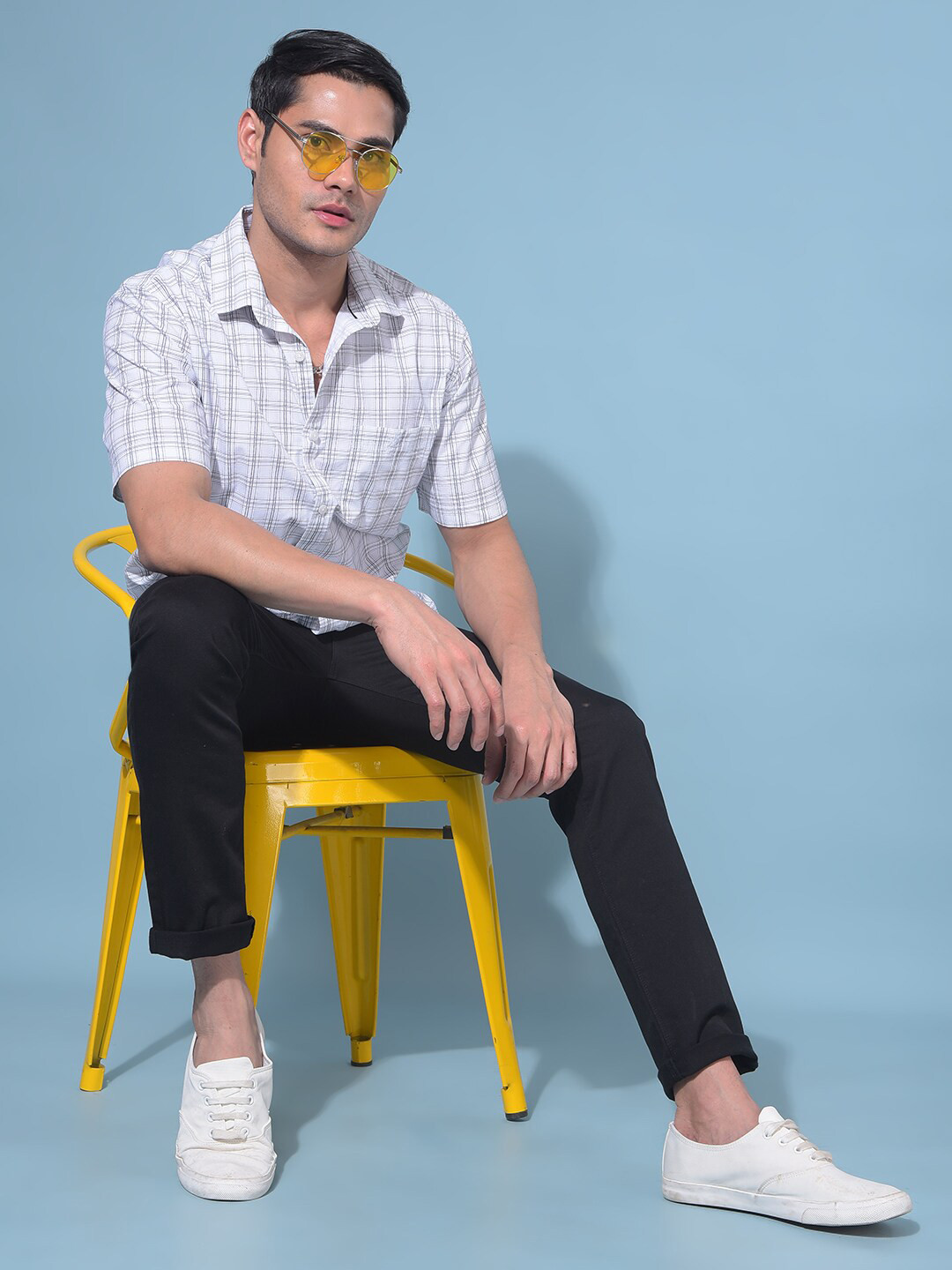 

Crimsoune Club Checked Resort Collar Cotton Casual Shirt, White