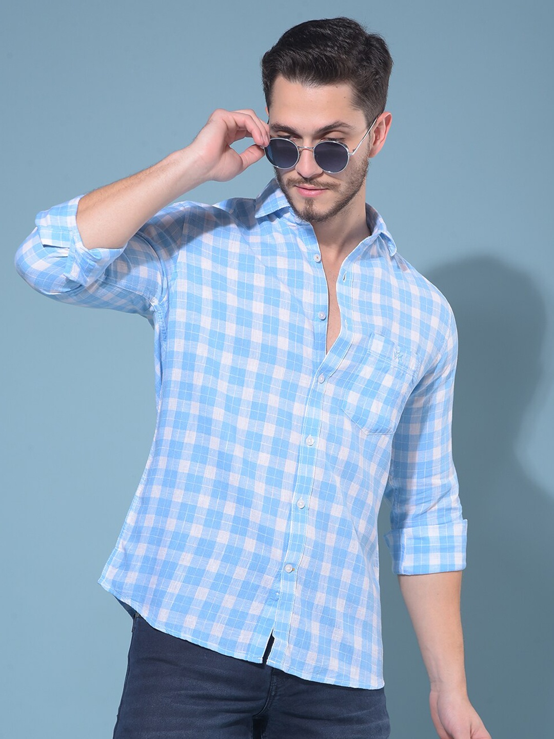 

Crimsoune Club Classic Slim Fit Gingham Checks Opaque Checked Casual Shirt, Blue