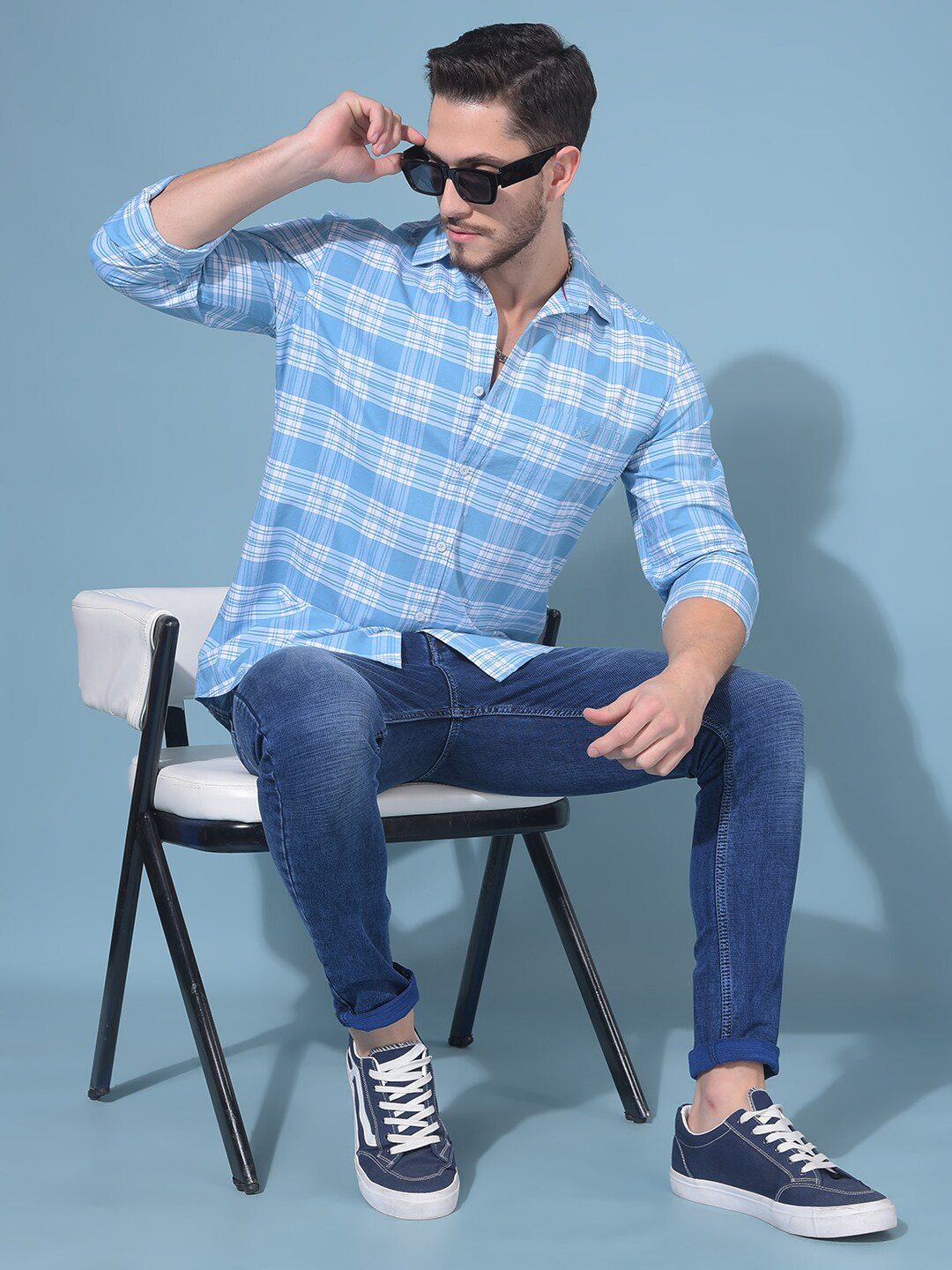 

Crimsoune Club Resort Collar Slim Fit Tartan Checked Cotton Casual Shirt, Blue