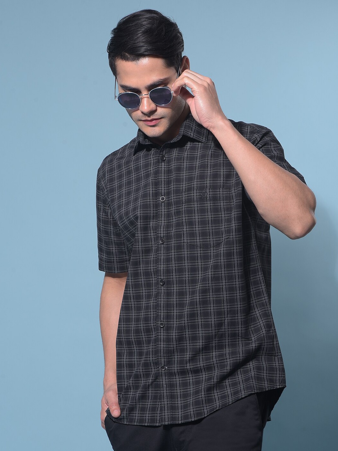 

Crimsoune Club Resort Collar Slim Fit Windowpane Checks Cotton Casual Shirt, Black