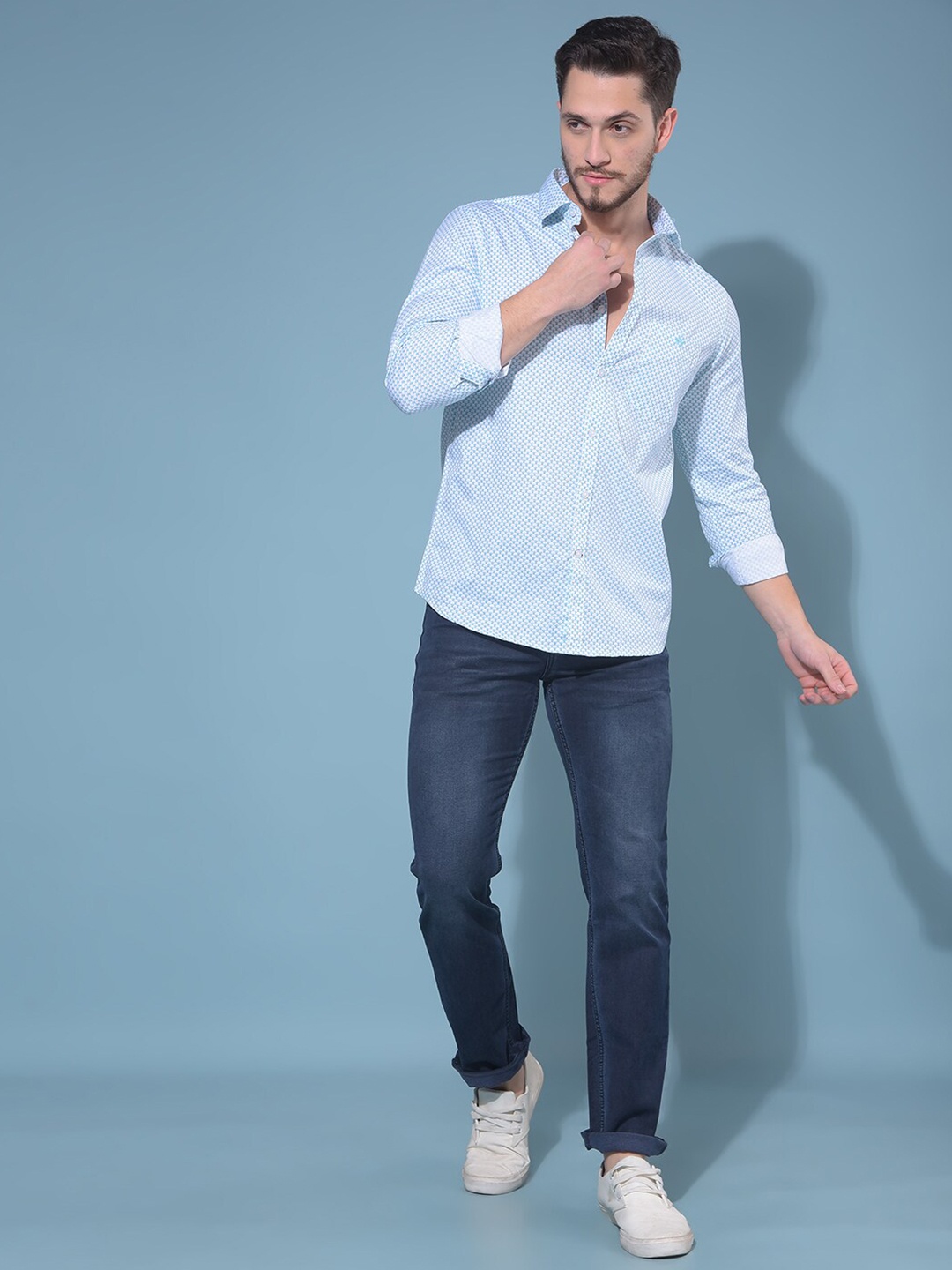 

Crimsoune Club Classic Printed Cotton Spread Collar Slim Fit Opaque Casual Shirt, Blue