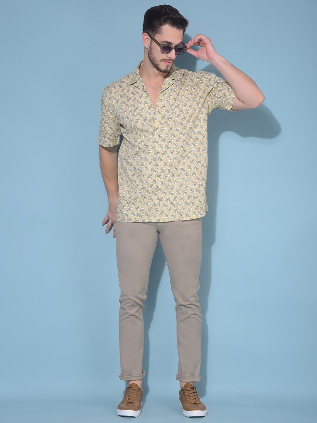 

Crimsoune Club Classic Slim Fit Conversational Printed Cotton Casual Shirt, Beige