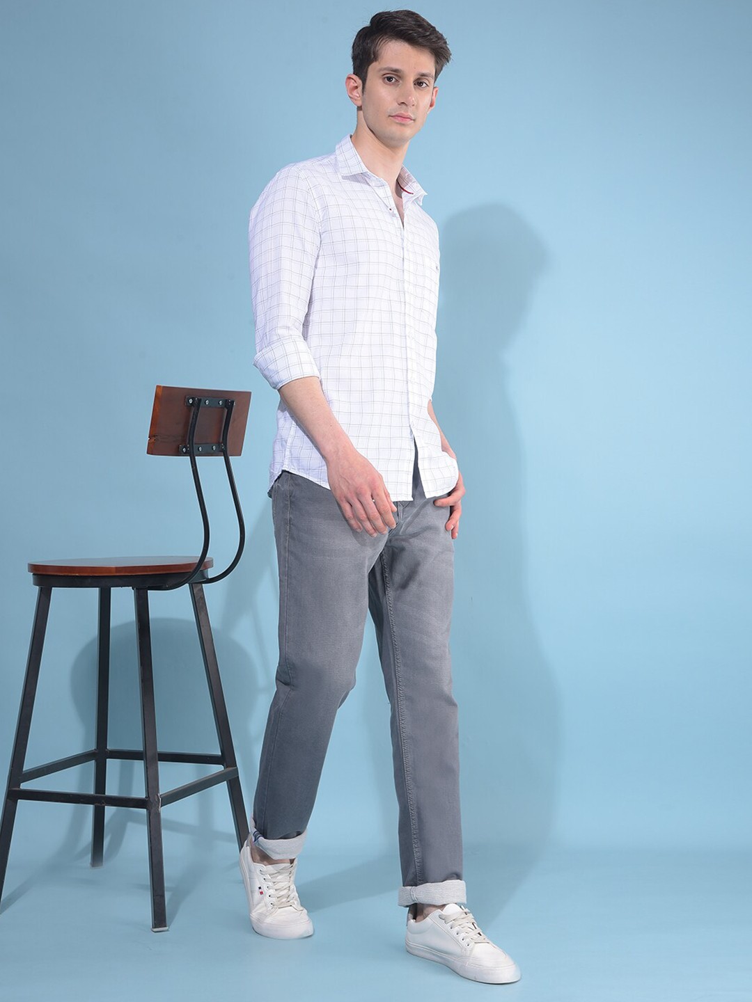 

Crimsoune Club Classic Grid Tattersall Checks Spread Collar Slim Fit Cotton Casual Shirt, White