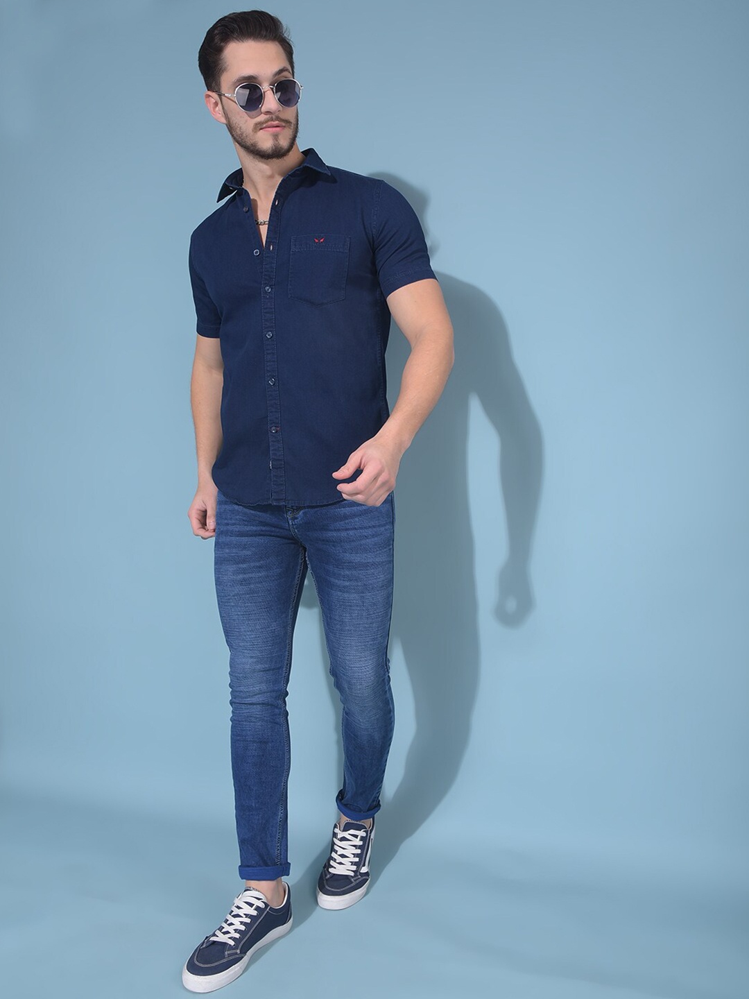 

Crimsoune Club Spread Collar Classic Slim Fit Cotton Opaque Casual Shirt, Blue