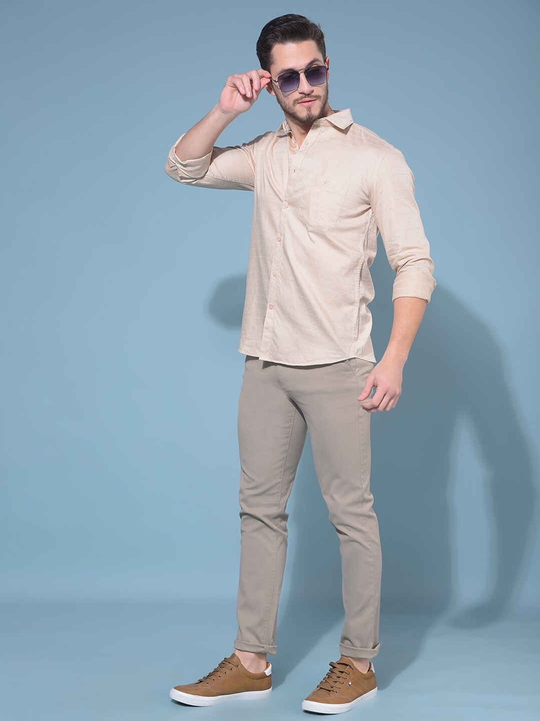 

Crimsoune Club Classic Cotton Spread Collar Long Sleeves Slim Fit Opaque Casual Shirt, Beige