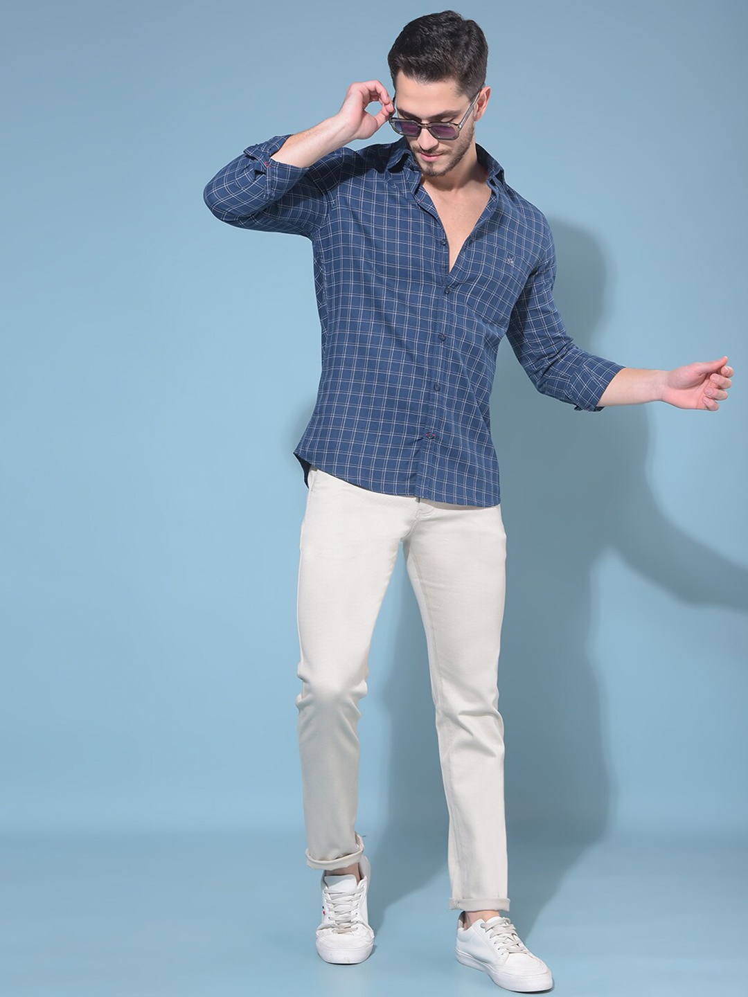 

Crimsoune Club Classic Slim Fit Cotton Checked Casual Shirt, Blue