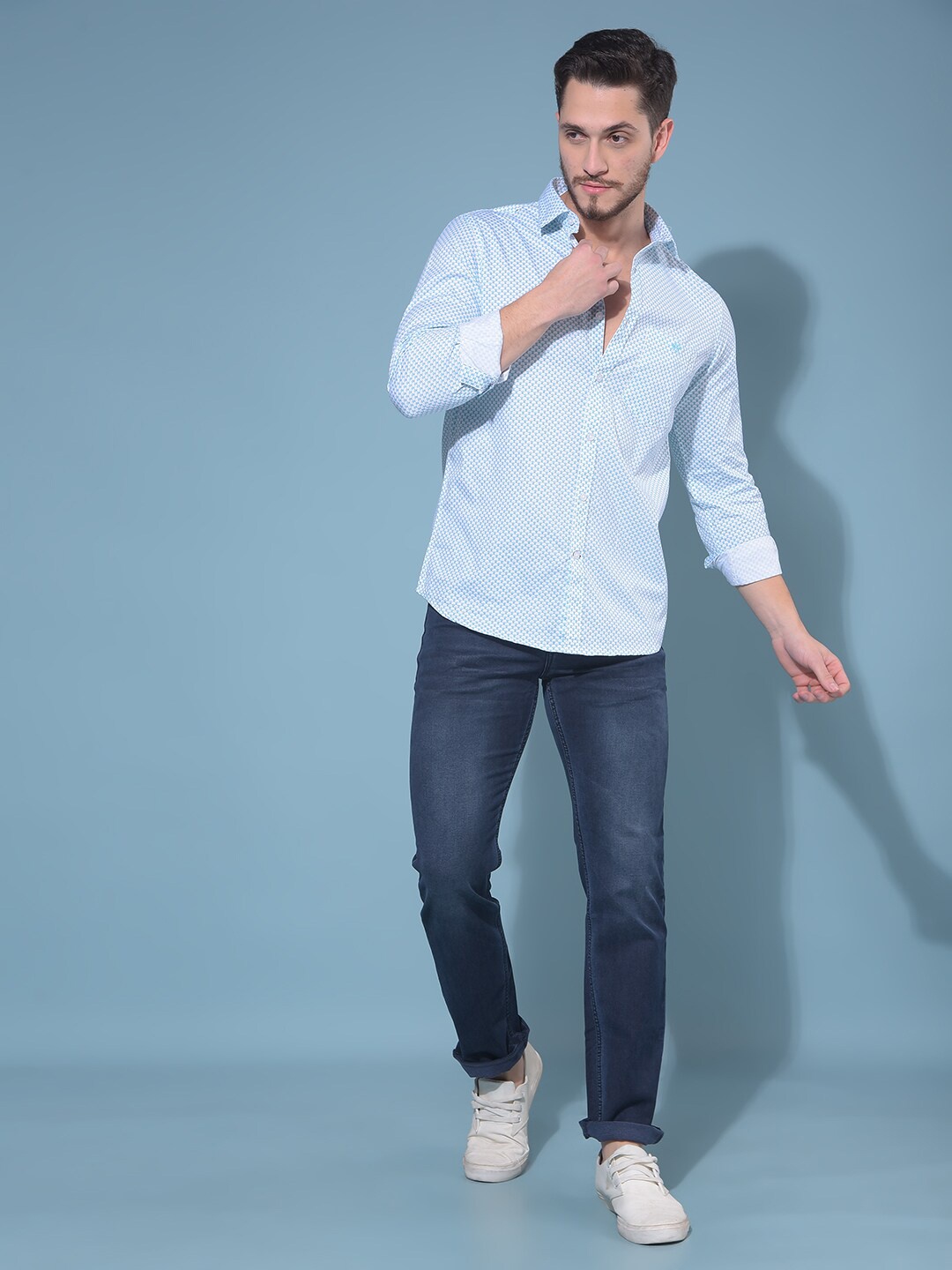

Crimsoune Club Men Classic Slim Fit Geometric Printed Cotton Casual Shirt, Blue