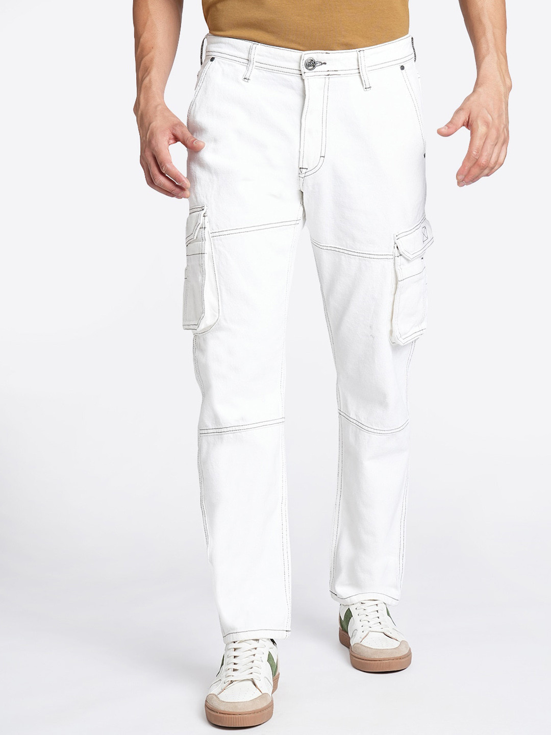 

Blue Buddha Men Comfort Relaxed Fit Cotton Cargo Jeans, White