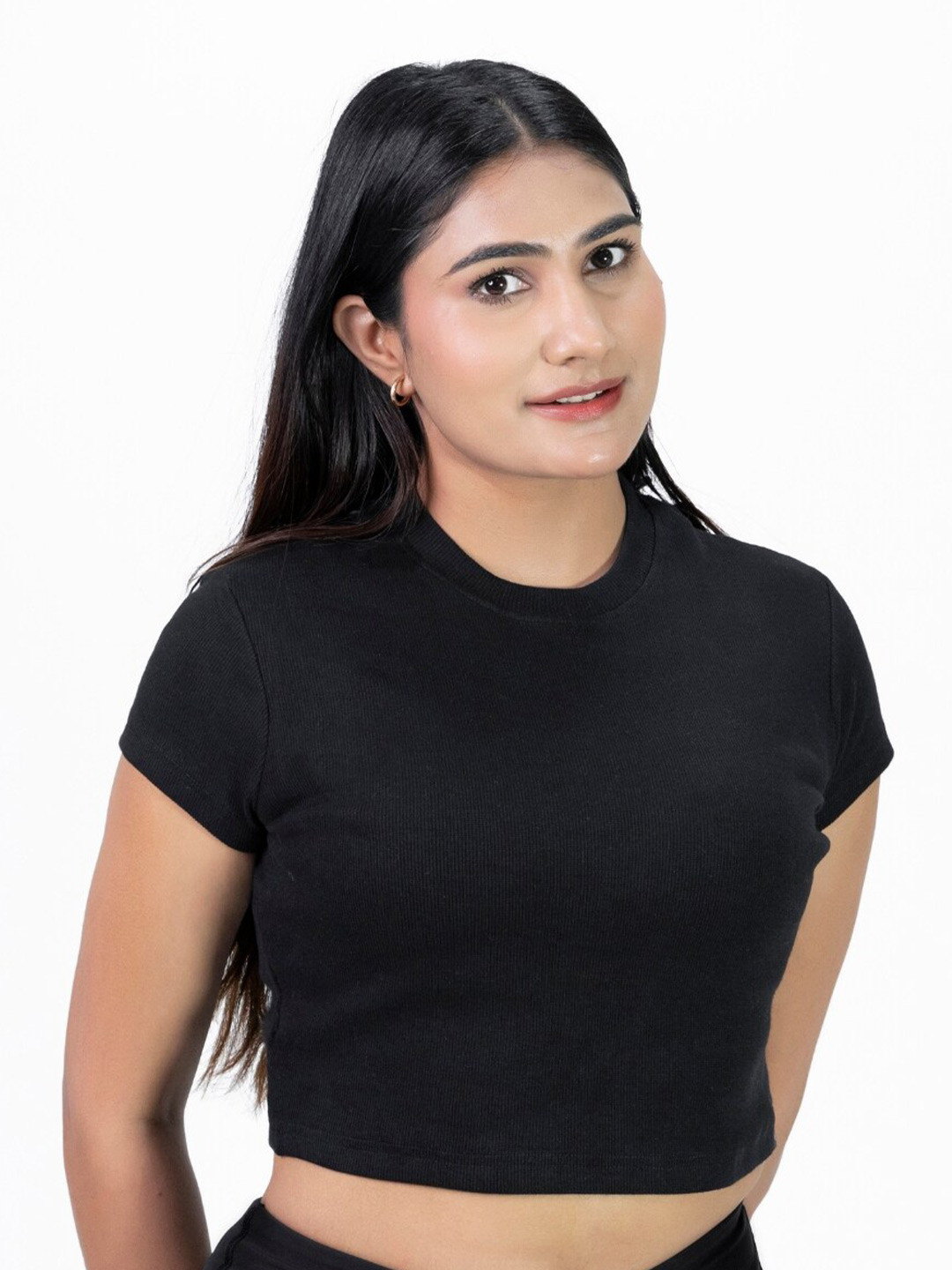 

FLURR High Neck Fitted Cotton Ribbed Crop Top, Black