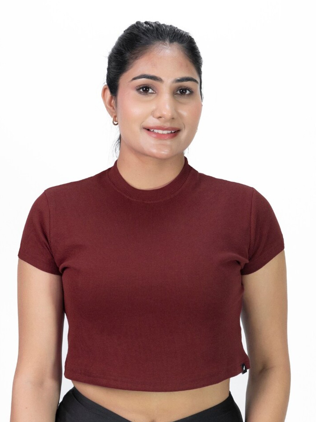 

FLURR Ribbed High Neck Cotton Fitted Crop Top, Maroon