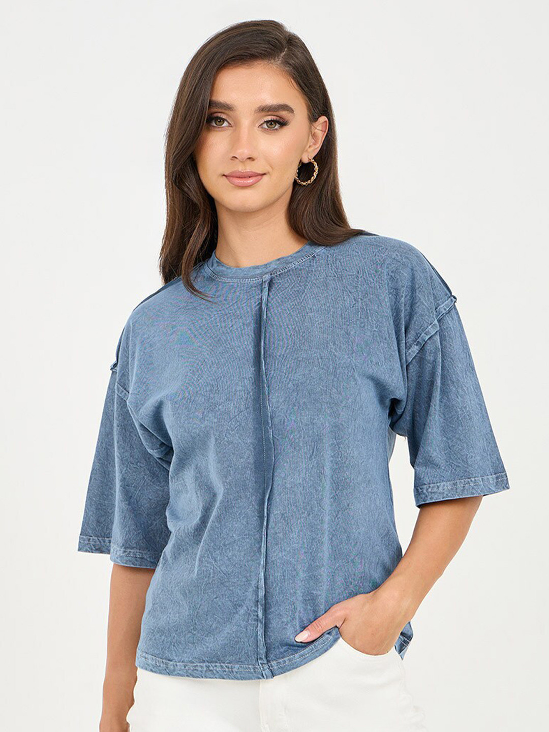 

Styli Blue Drop-Shoulder Sleeves Oversized Cotton T-shirt