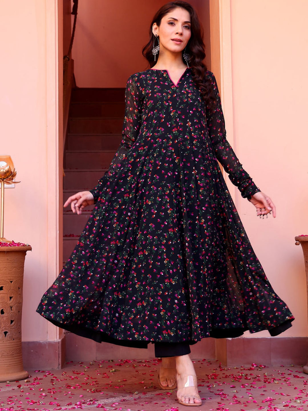 

KALINI Floral Printed Anarkali Kurta, Black