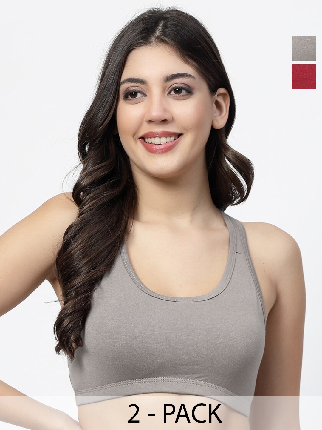 

Docare Pack of 2 Full Coverage Non Padded Workout Bras With All Day Comfort, Grey