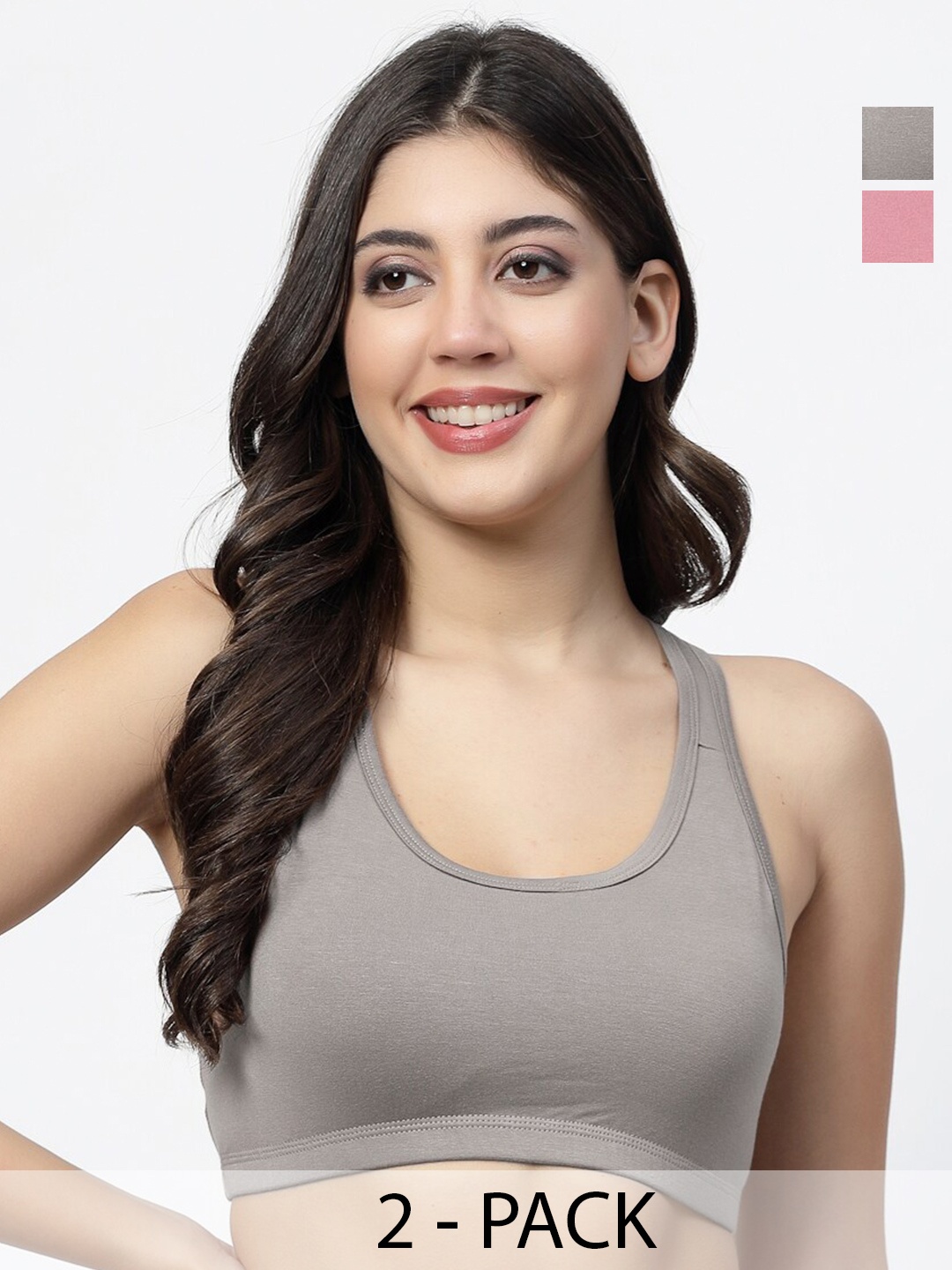 

Docare Pack of 2 Full Coverage Non Padded Workout Bras With All Day Comfort, Grey