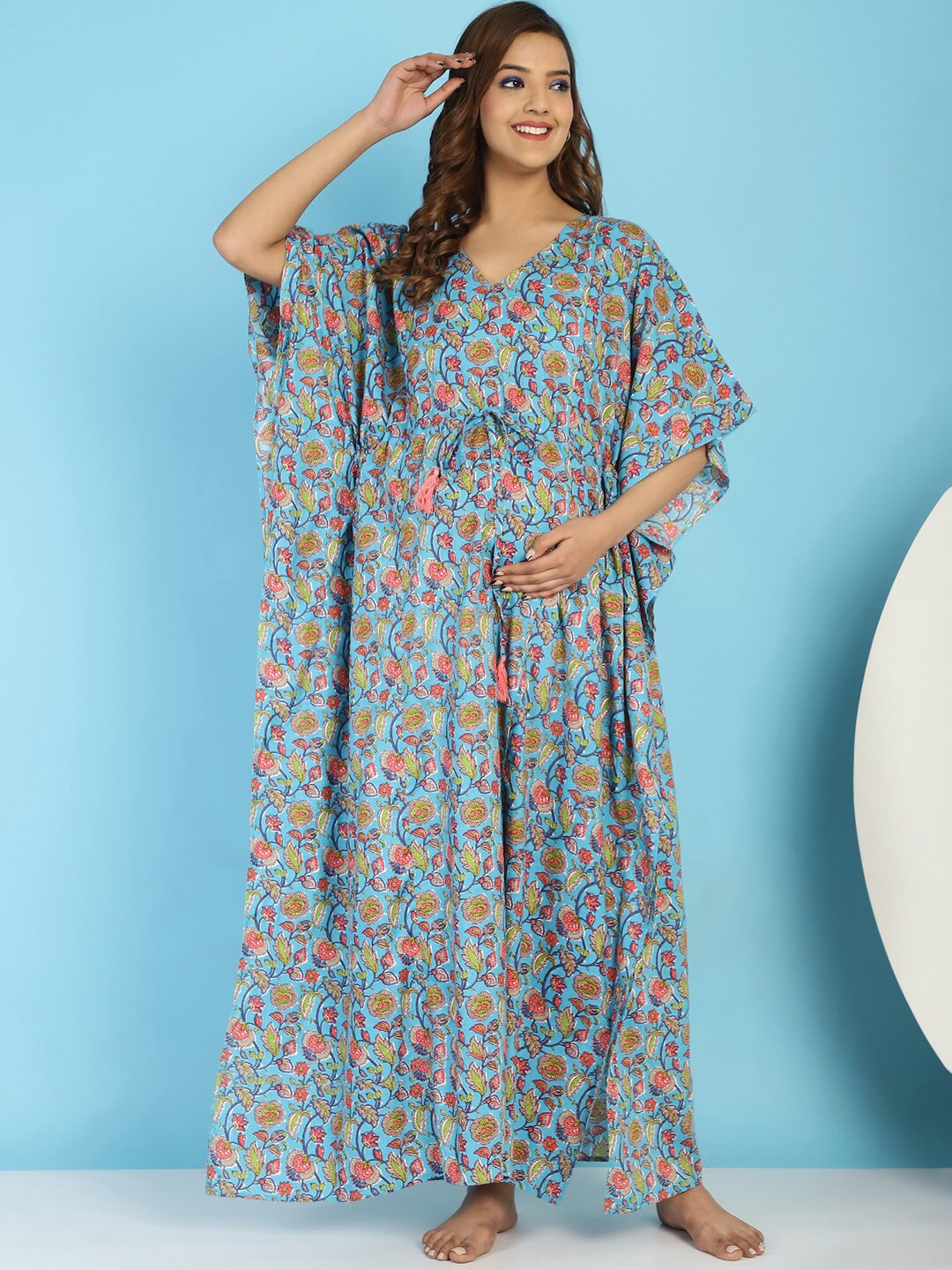 

Secret Wish Floral Printed Pure Cotton Maternity Maxi Kaftan Nightdress, Blue