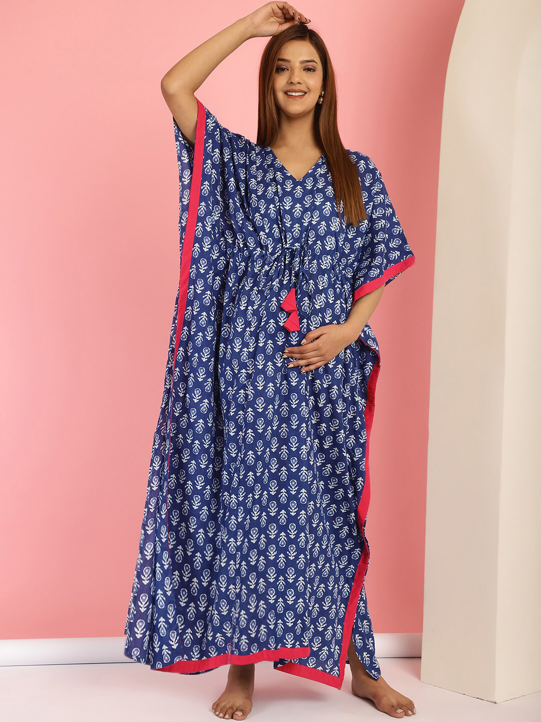 

Secret Wish Ethnic Printed Pure Cotton Maternity Maxi Kaftan Nightdress, Blue