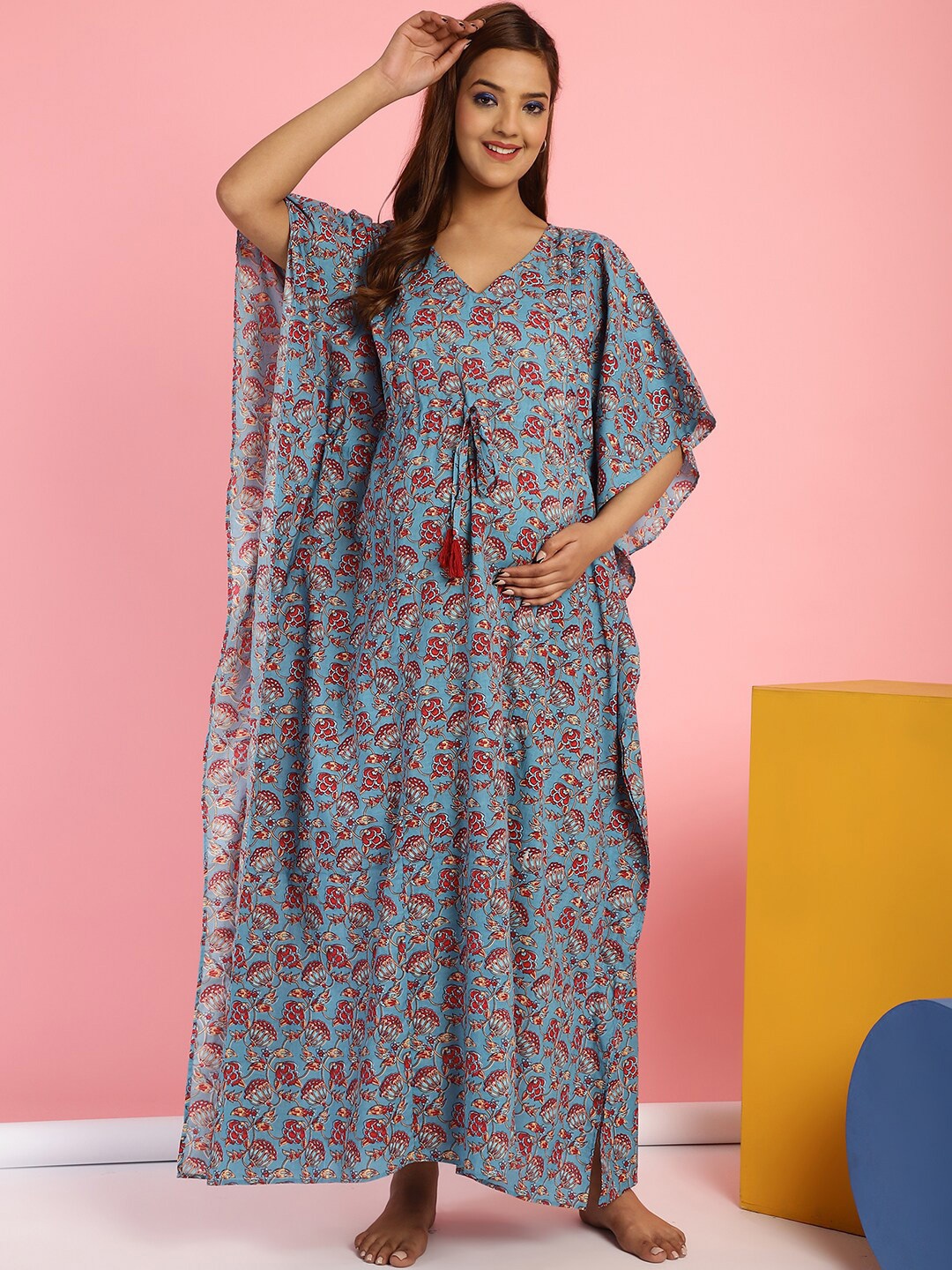 

Secret Wish Floral Printed Pure Cotton Maternity Maxi Kaftan Nightdress, Blue