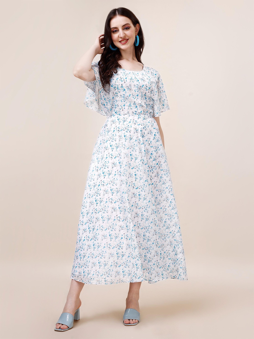 

Trillmixa Floral Printed Flared Sleeve Georgette Fit & Flare Maxi Dress, White
