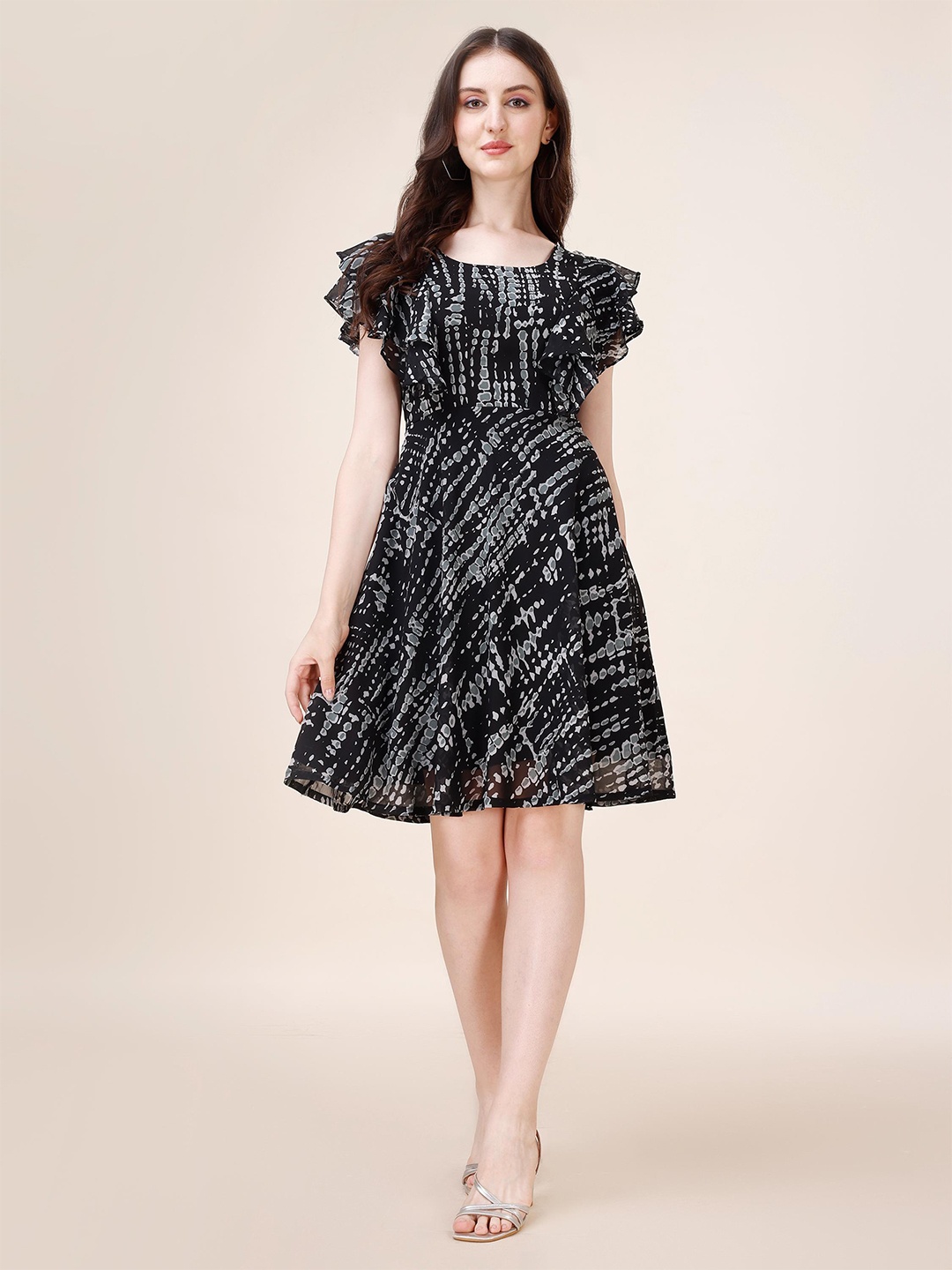 

Trillmixa Abstract Printed Flutter Sleeve Georgette Fit & Flare Dress, Black