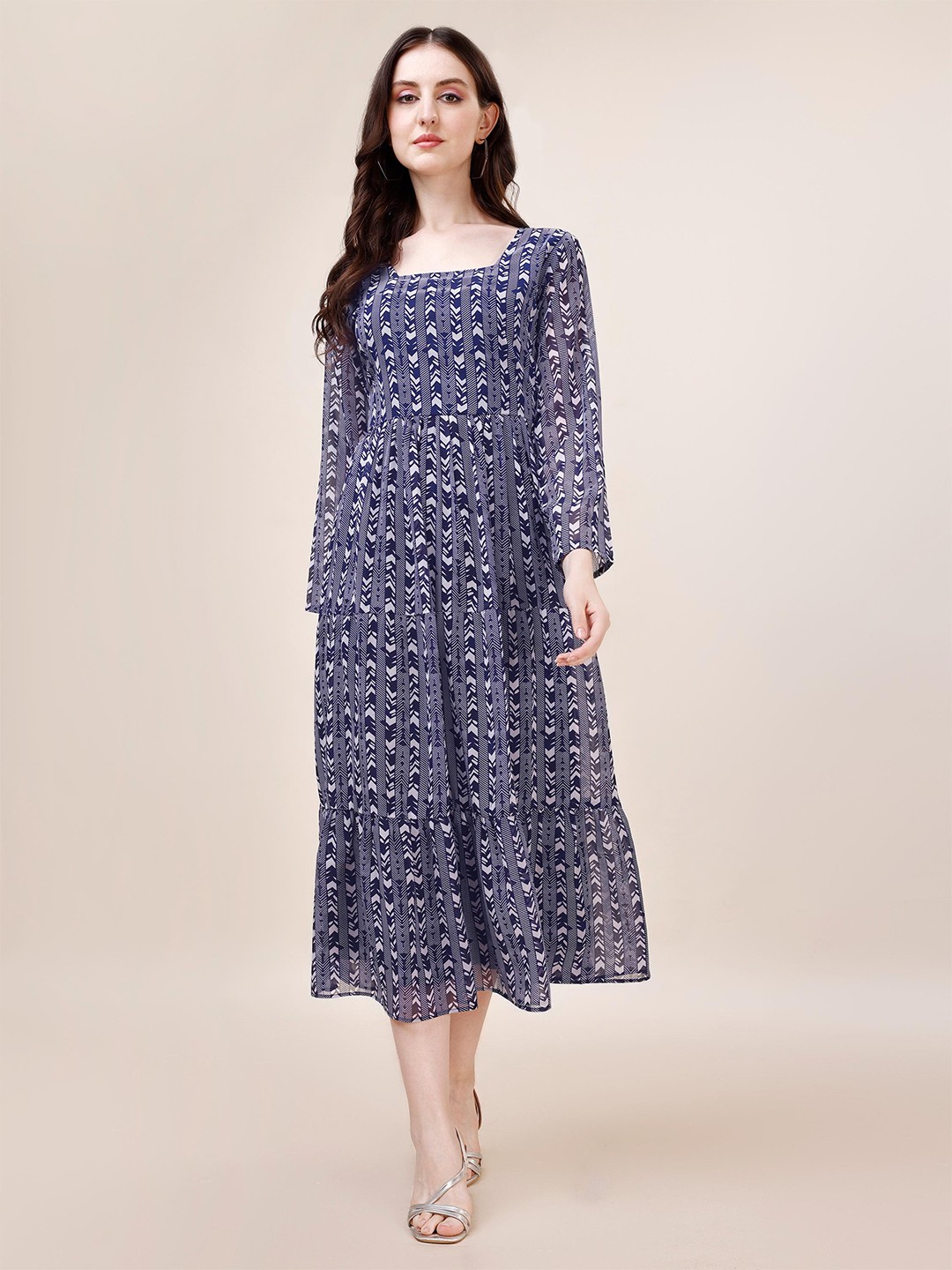 

Trillmixa Ethnic Motifs Printed Tiered Georgette Fit & Flare Midi Dress, Blue