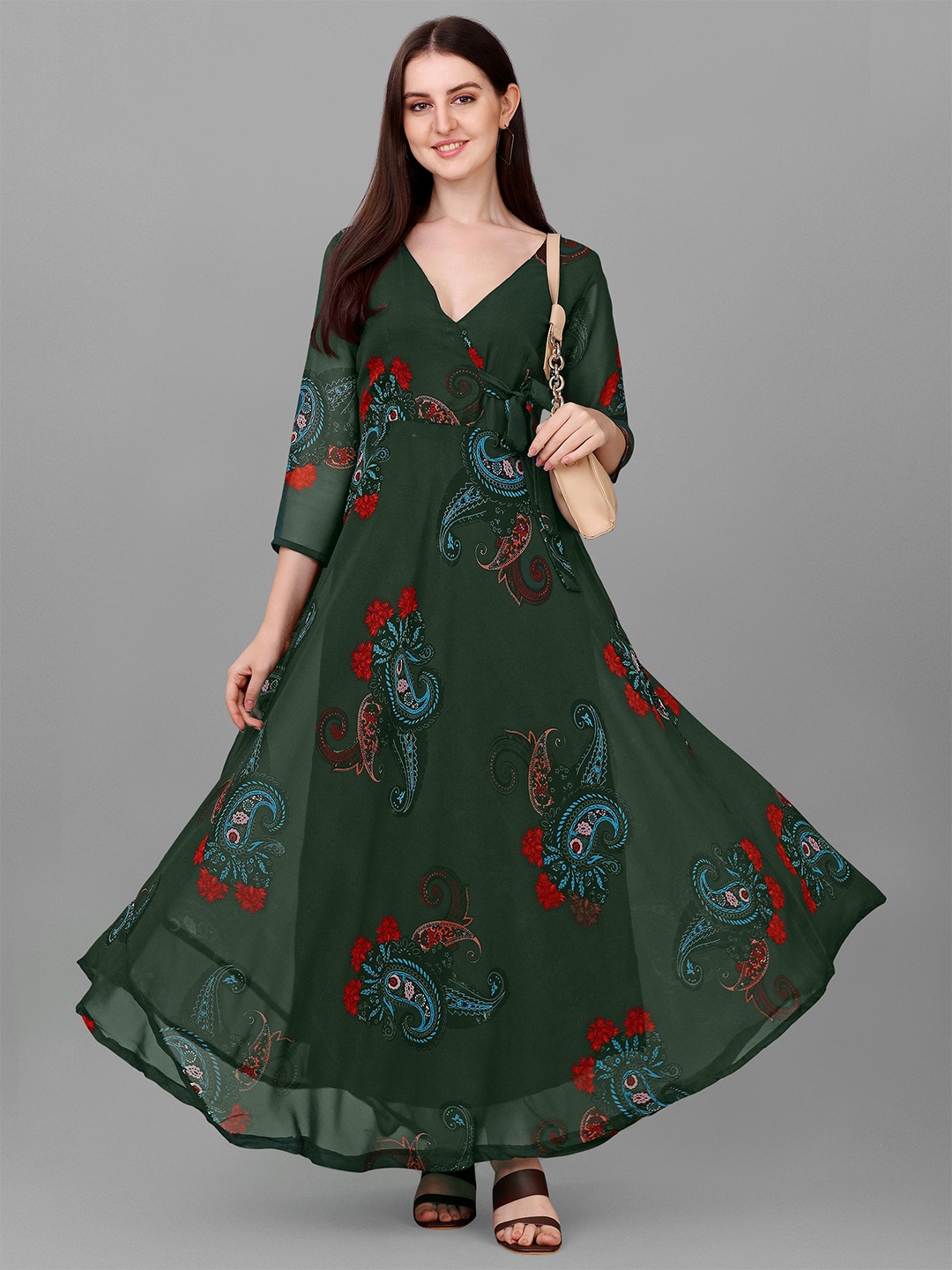 

Trillmixa Ethnic Motifs Printed Georgette Maxi Dress, Green