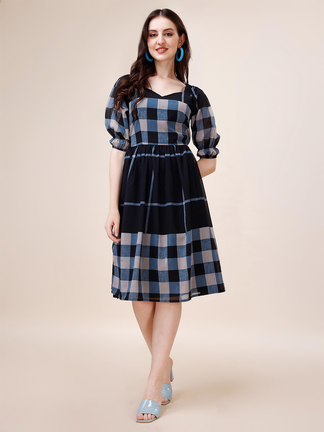 

Trillmixa Checked Puff Sleeve Georgette Fit & Flare Dress, Black
