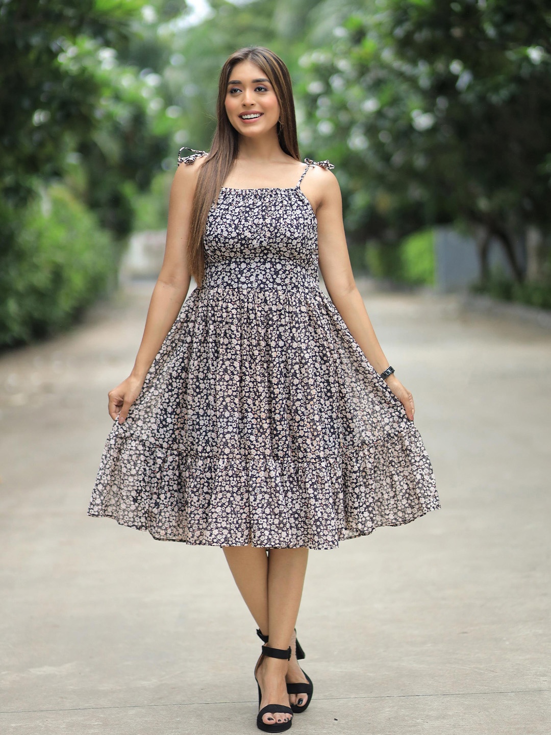 

Trillmixa Floral Printed Shoulder Straps Georgette Fit & Flare Dress, Black