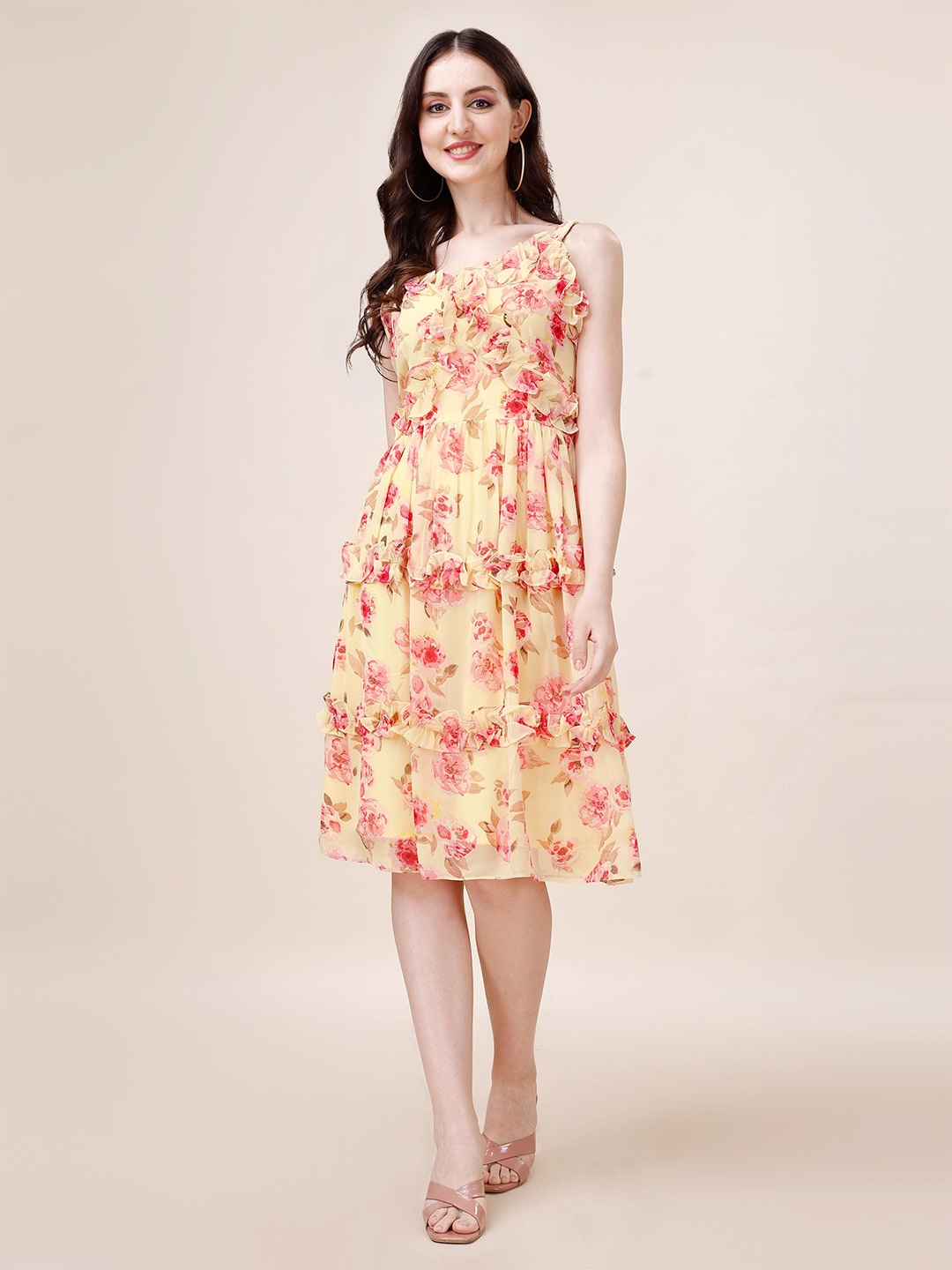 

Trillmixa Floral Printed Shoulder Straps Georgette Fit & Flare Dress, Yellow